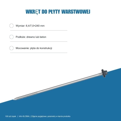 Wkręt do płyty warstwowej Info-GLOBAL ARW 0 CSG 6,4/7,0×240 mm, kolory RAL, 100 szt.